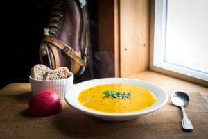 Simple gourmet soup and sides served at Magic Meadows yurt near Crested Butte