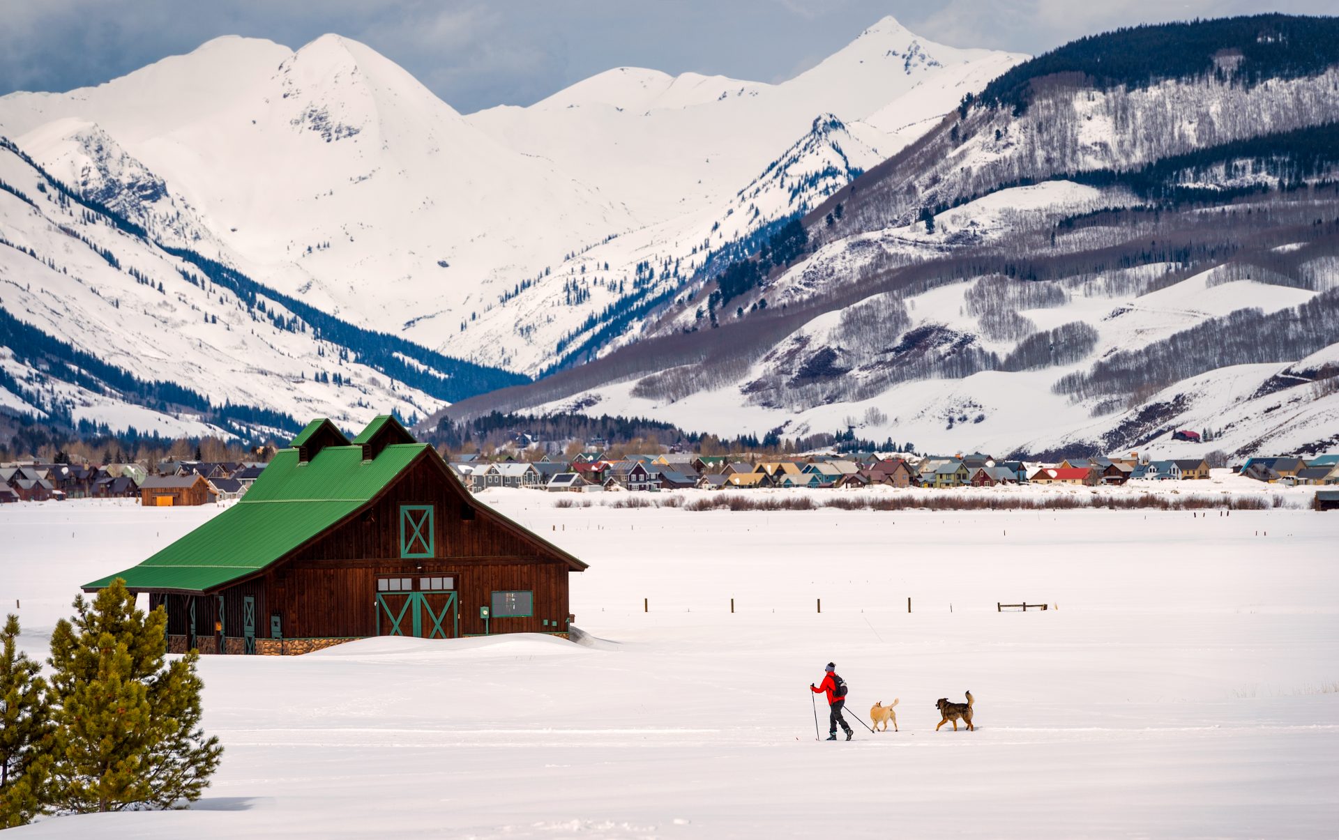 Skier out with dogs on Town Ranch trails with Paradise Divide background