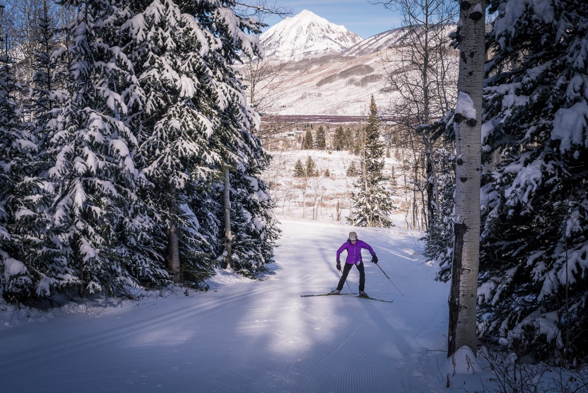 Nordic skier climbs a hill on Ruthie's Run in Crested Butte