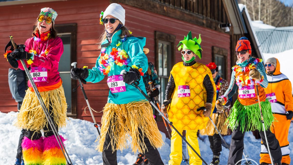 Costumed skiers having fun at Crested Butte Nordic's Alley Loop race