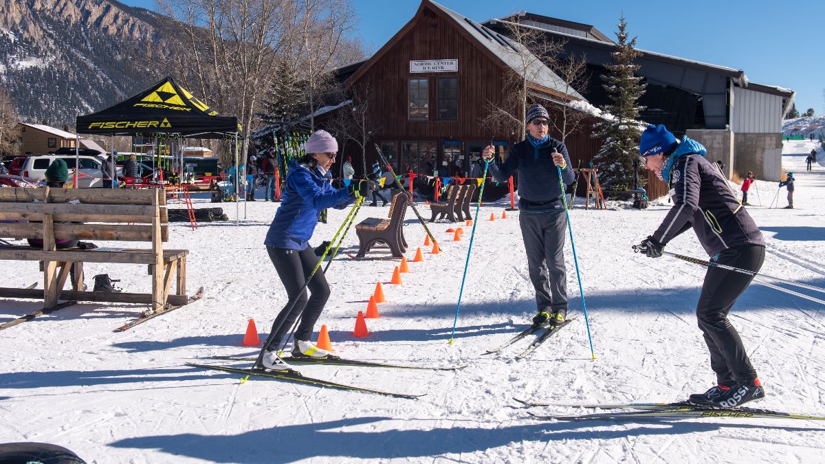 Skiers in a beginners lesson at Crested Butte Nordic