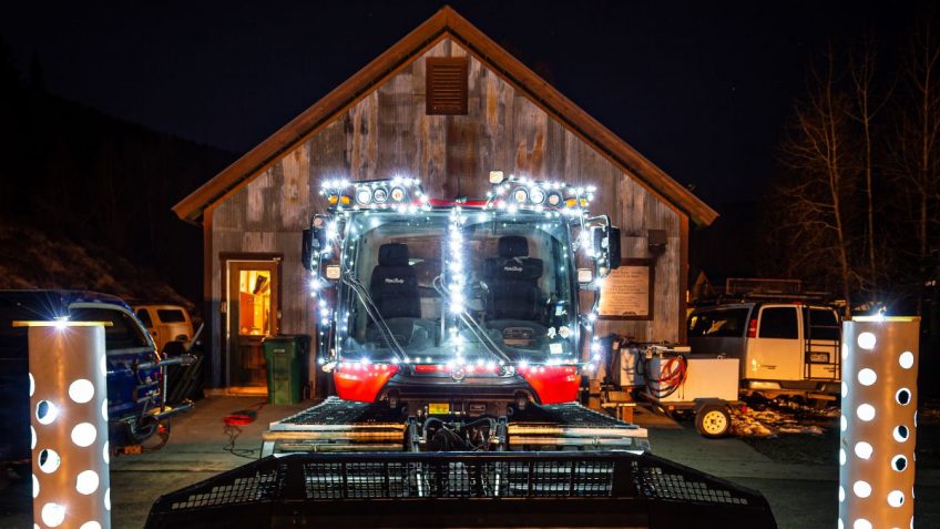 Crested Butte Nordic snow cat decked out in festive lights