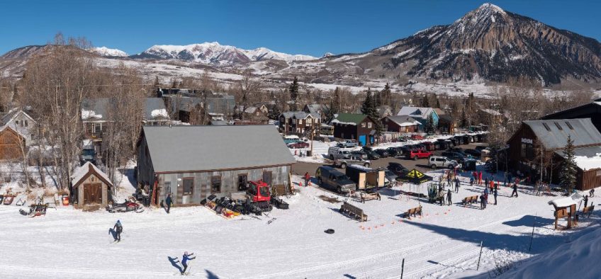 Aerial view of the practice area adjacent to the Crested Butte Nordic Center's warming house